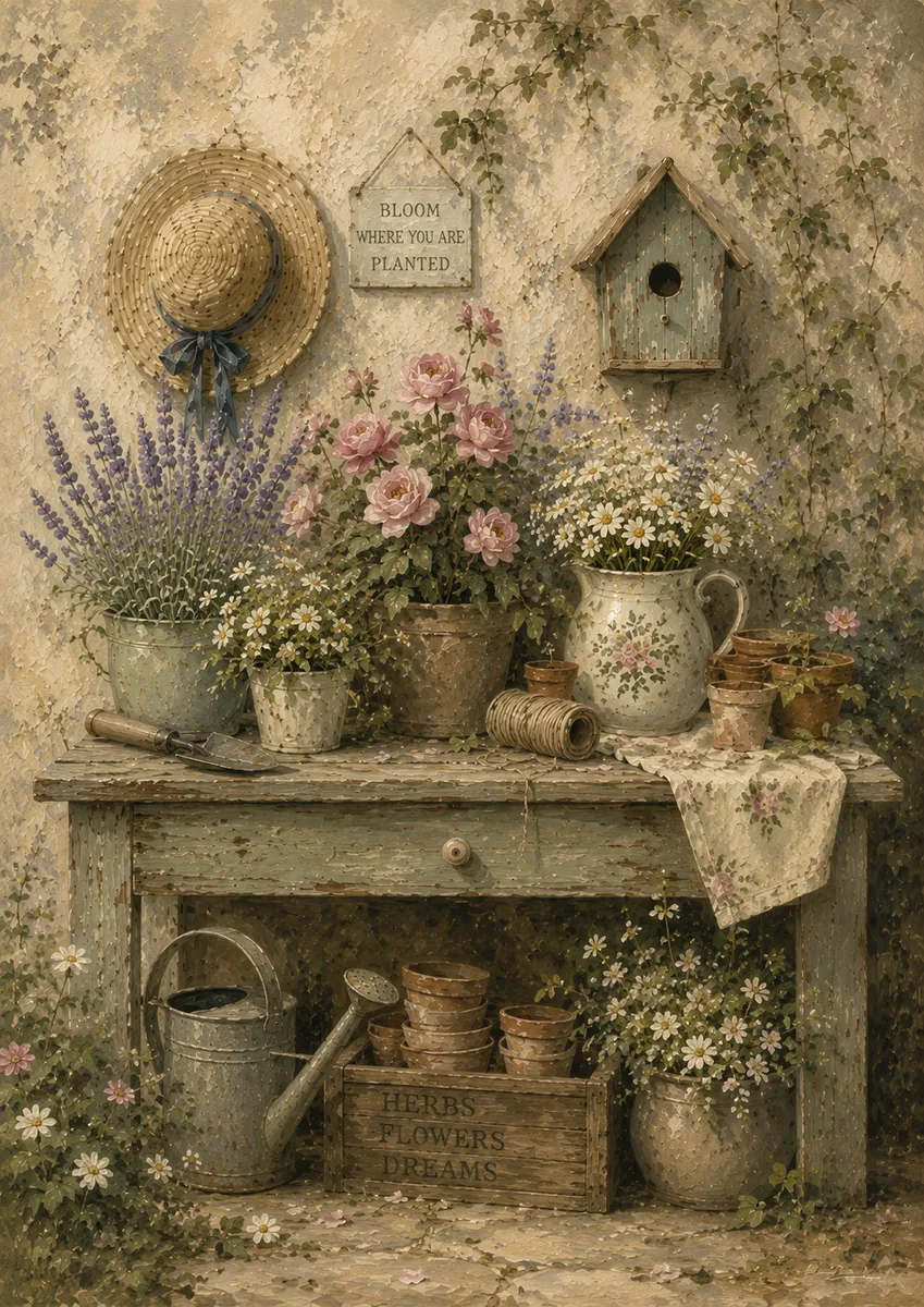 Shabby chic potting bench with lavender, pink roses, daisies, terracotta pots, watering cans, and a birdhouse